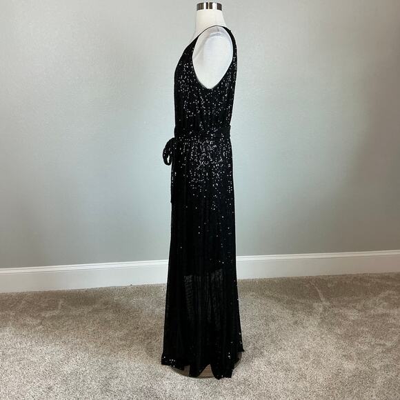 DKNY Sequined Halter Maxi Dress Size 8 Black Sequined Sleeveless Long Formal - Picture 5 of 14